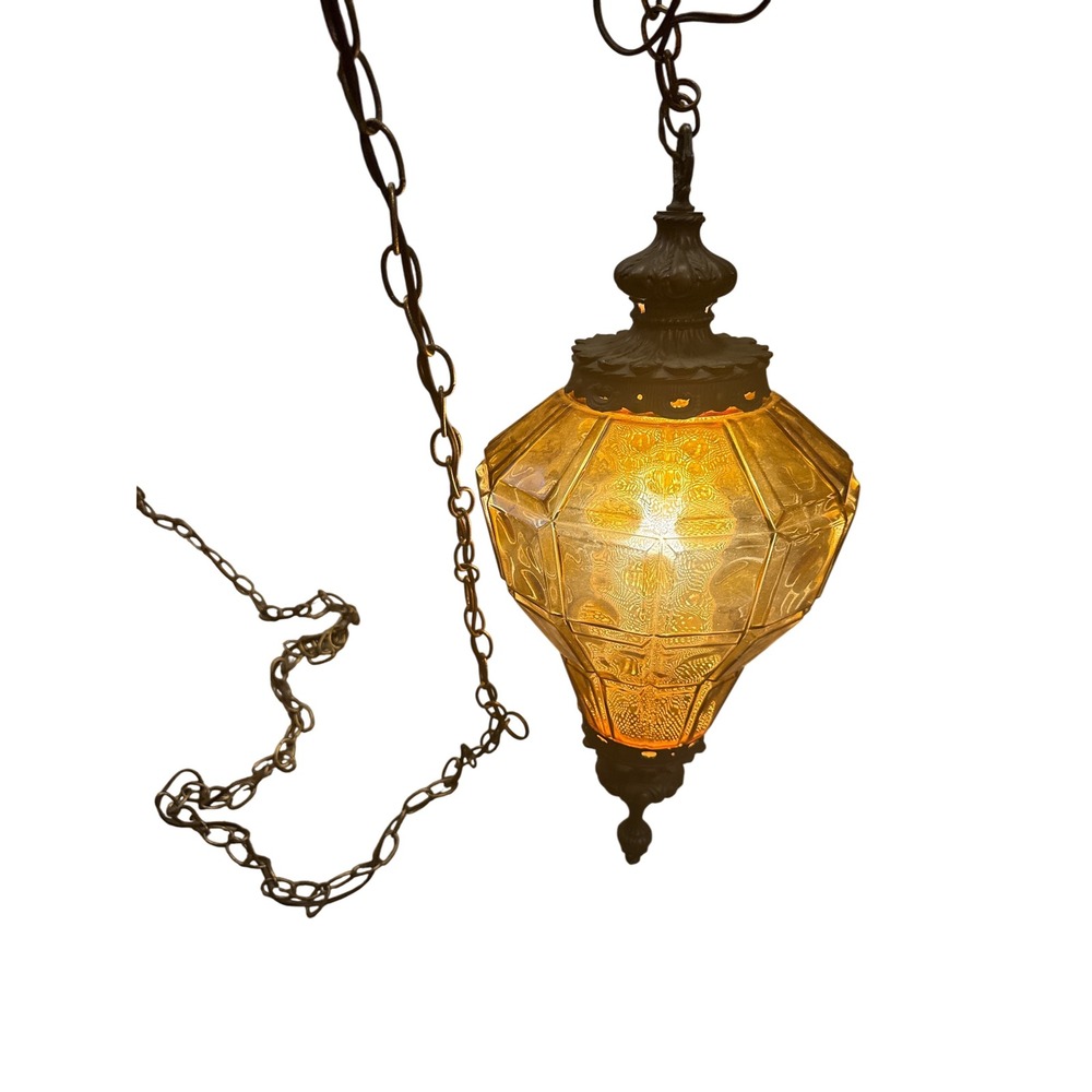 Vintage Swag Lamp Amber Glass Lantern OS Gold Good MCM Retro Hanging Light